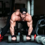 Man performing a bicep curl with a dumbbell next to bold title text promoting a fitness guide for building muscle and strength.